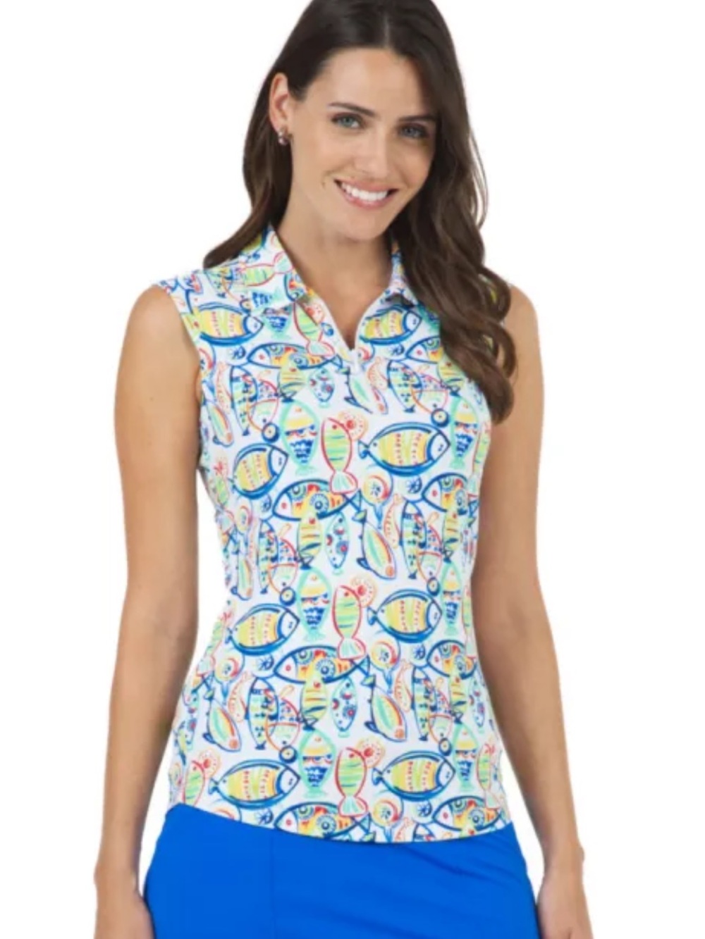 IBKUL Izzy Bright Color Fish Print Sleeveless Polo Size Large